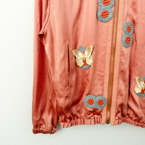 JOSEPH | Luxury Satin Bomber Jacket Coral Peach Butterfly Appliqué | 38, Medium - Picture 3 of 13